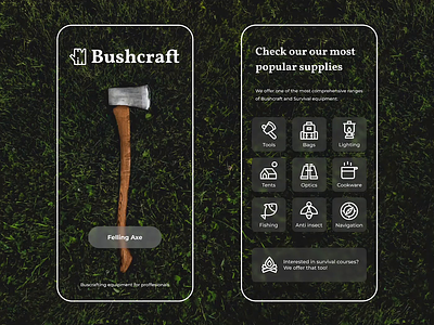 Bushcraft Equipment 🌲🪓 adventure app bushcraft camping ecommerce equipment figma forest nature outdoors responsive rwd survival tent tree web design wild wildlife woods