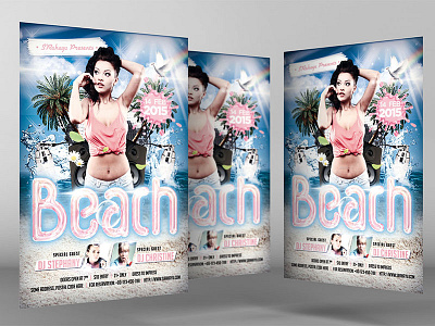 Beach Flyer Template beach bird clubs music palm. water rainbow sand sky speaker splash srahayu