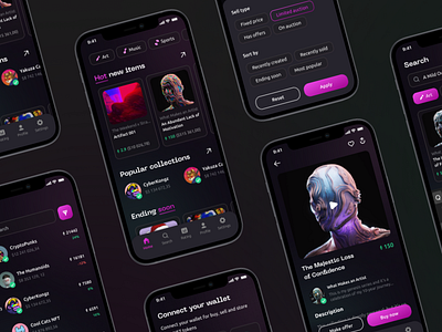 NFT marketplace mobile application application cryptocurrency crytocurrency app dark theme design graphic design landing page landingpage marketplace mobile design mobileapp nft nft marketplace pink ui ui ux uiux ux website