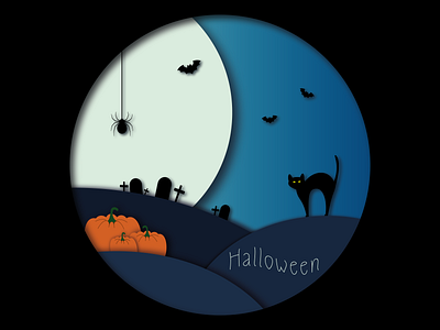Halloween night adobe illustrator bat cat halloween illustration moon mystic night paper cut pumpkin rip spider vector web