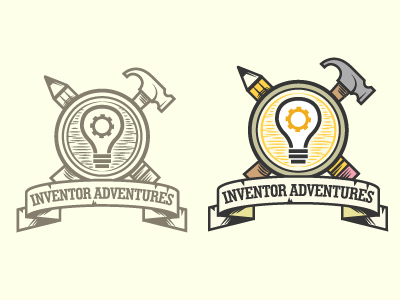Inventor Adventures adventure concept hammer idea identity illustration invention inventor logo mark pencil vector