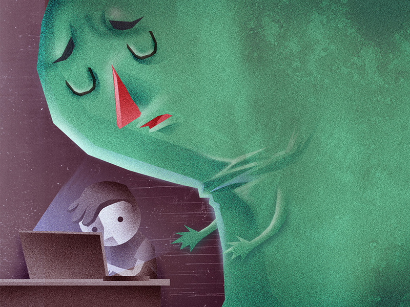 Monster criature green texture editorial illustration laptop freelance computer monster