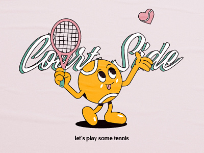 Courtside 🎾👟 cartoon character design graphic design illustration ink bleed mascot playing tennis poster racket raquet retro tennis tennis ball tennis court texture vintage