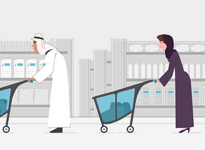 Shopping 02 arab blue bottle cart explainer flat grey illustration man monochrome motiongraphics muslim purple shopping supermarket white woman
