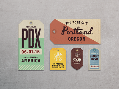 Portland Bound! badge hang tags lockup mount hood pdx portland rose city travel type typography