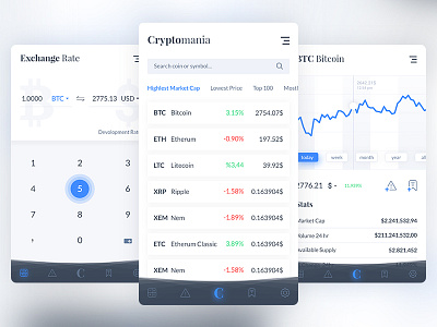 CyrptoMania App Design app bitcoin calgulator coin currency cyrpto finance light market mobile monitoring