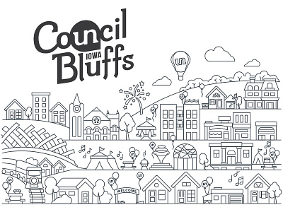 Council Bluffs 100 Block Parties Illustration cities community houses iowa landmarks neighborhoods parties streets