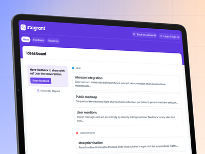 Public idea board in Product Management App product managment app purple responsive saas tablet ui web