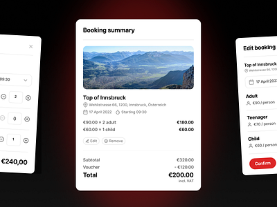 Event booking summary component component design system event interface minimal product design red web