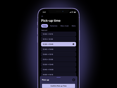 Mobile pick-up time slot picker dark dark mode date picker ios minimal mobile picker purple slot slot picker