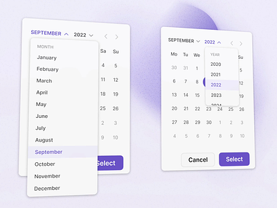 Date Picker - Date & Year Selectors animation calendar component date picker date range dates figma product product design purple saas schedule selector ui uxui web webapp