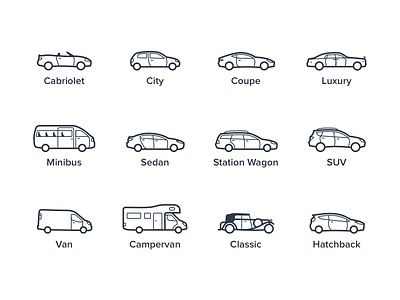 Car type outlines cars category classification filter icons outline rental