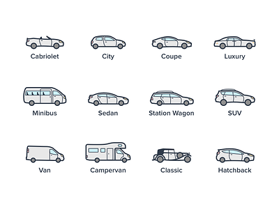 Car type color cars category classification filter icons outline rental