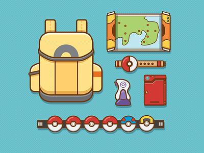 Travel Essentials backpack flat icon illustration map pattern pokeball pokemon potion travel vector