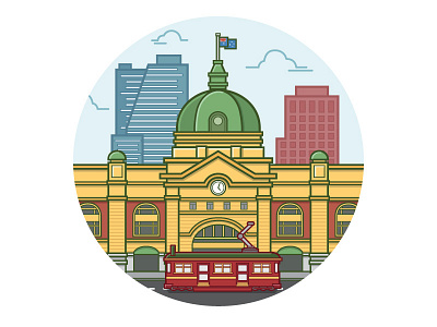 Flinders Street, Melbourne architecture australia building city flat illustration landscape melbourne station tram