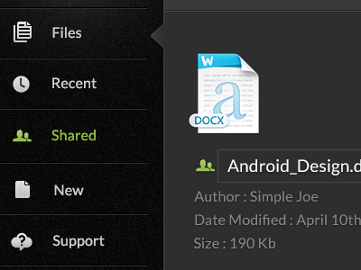 FileSpace activities avatars dark darkui files gray green grey icons navigation web