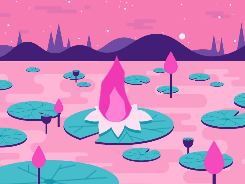 fire and lotus adobe illustrator aftereffects bubbles bud digital illustration fire illustration illustrator lake leaves lotus motion art motion graphic nature peace pink pond purple stars