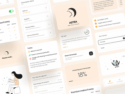 Astra - Mobile App Design System app application astrology card case study compare design design system horoscope illustration ios logo pricing radio button select box tab bar toggle ui ui kit ux