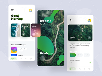 MedMind a meditation app abstract app application card clean concept design gradient green meditate meditation mobile mobile app pattern player redesign shape ui design vector wave