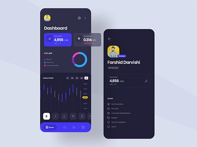 Redesign of Shakepay android app bitcoin card chart colorful creative crypto currency dark app dark ui ethereum gradient ios pallete profile redesign shakepay ui