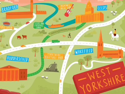Illustrated map of West Yorkshire bradford halifax huddersfield leeds map transport travel west yorkshire yorkshire