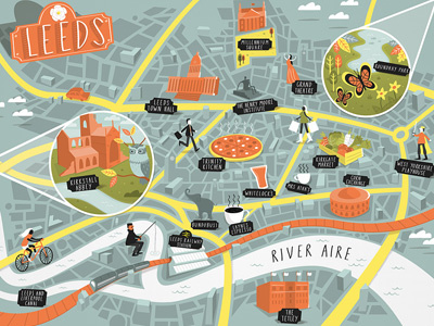 Illustrated map of Leeds buildings city illustration leeds map town yorkshire