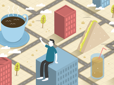 Lunch in the City 3d buildings city coffee illustration isometric people sandwich town vector