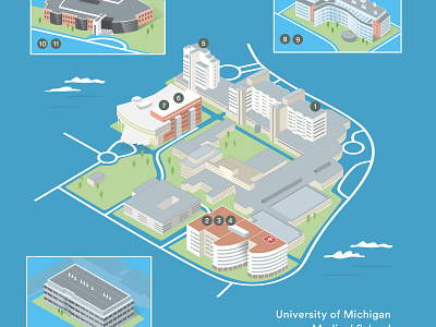 University of Michigan Medical School 3D Map 3dmap campus campus map illustration isometric map michigan university university map vector