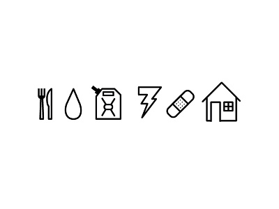 Disaster Icons black and white food gas health icon set icons illustration line art power shlelter vector water