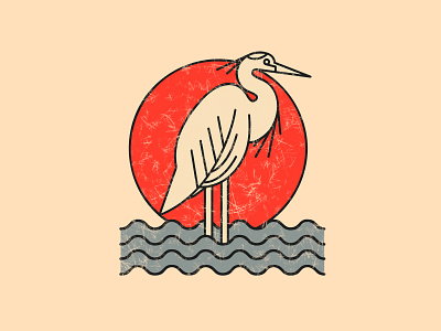 Great heron bird with a red sun