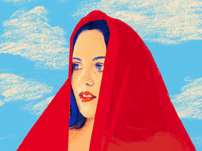 meaghan beautiful body pos clouds feminine heaven illustration portrait red veil woman