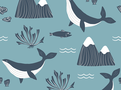 Pacific Northwest Pattern with Whales and Mountains