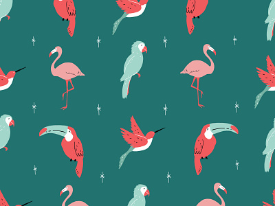 Green Tropical Birds Pattern ai birds design flamingo green illustraion illustration parrot pattern patterns pink red repeat repeating retro seamless stars tropical vector