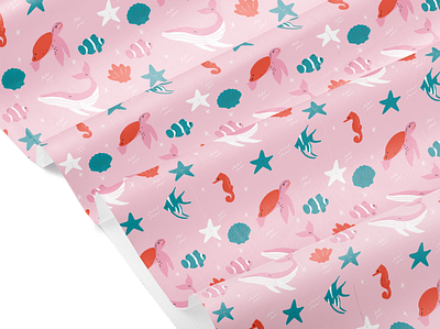 Seamless Sea Pattern Wrapping Paper ai clownfish cute illustration illustrator ocean pattern patterns pink red repeat sea seahorse seamless turtle whale wrapping wrapping paper