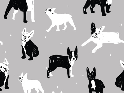 Black and White Busy Seamless French ton Pattern ai boston terrior bulldog dog dog illustration illustration pattern puppie puppy repeat seamless textile vector