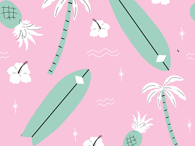 Pink Beach Seamless Surf Pattern beach board flower hawaii illustration palm pattern pineapple pineapples repeat seamless surf trees tropical vector water waves