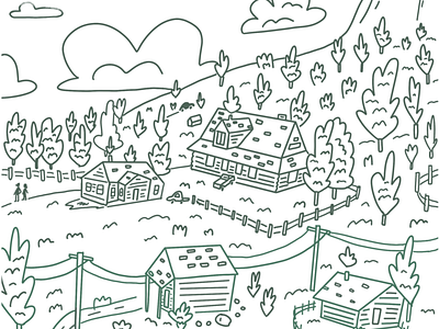 Little mountain town digital drawing houses illustration line log cabin mono monoline mountains town village woods
