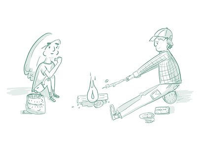 Camping scene adventures camp camp fire campers campfire camping children drawing editorial green illustration line marshmallow people scene