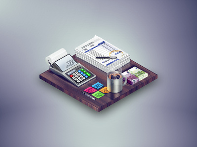 Accounting accounting calculator coffee desk finance illustration isometric money mug office papers web icon
