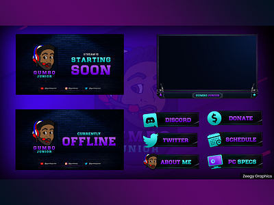 Purple Light Blue Neon Twitch Overlay Package - Animated alerts animated blue brb facecam gamestream neon offline panels starting soon streaming twitch
