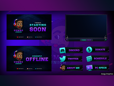 Purple Light Blue Neon Twitch Overlay Package - Animated