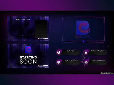 Dark Purple Themed Twitch Overlay Pack - Animated alerts animated blue brb design facecam fiverr gamestream offline panels purple starting soon twitch