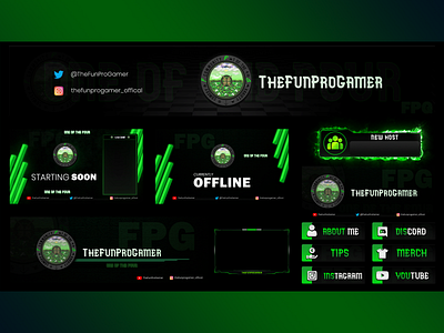 Animated Twitch Overlay Pack - Black and Green Themed alerts brb design facecam fiverr gamestream lighting offline overlay panels socila starting streaming twitch