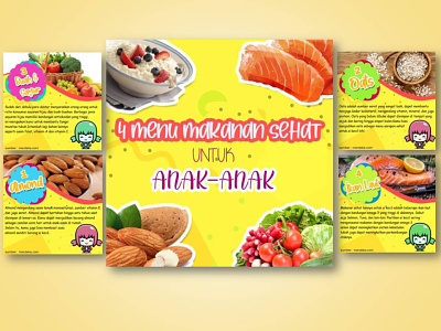 4 Healthy Food for Children almond children design food fruit graphic design healthy illustration info infographic kids menu oats protein vector yellow