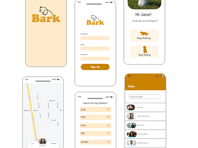 Bark Dog Walking App Design adobe xd app design brand identity branding design dog walking app dogs figma graphic design illustration logo prototype typography ui ui design ux vector