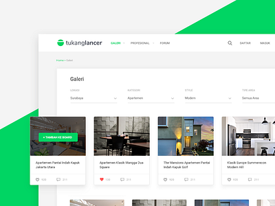 Tukang Lancer - Project Galery Page dropdown filter freelance gallery green marketplace portfolio price project search sort thumbnail