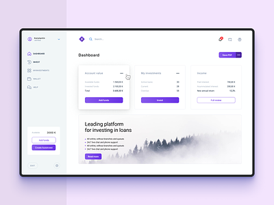 Investing Dashboard Concept account artifical auto invest browser dashboard design explore figma future graphics icons intelligence interface investing platform menu p2p search ui web web app