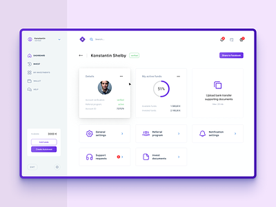 Invest Profile Management account account settings app artificial intelligence auto invest browser dashboard figma future graphics icons interface investing platform menu notifications p2p profile management search web webdesign