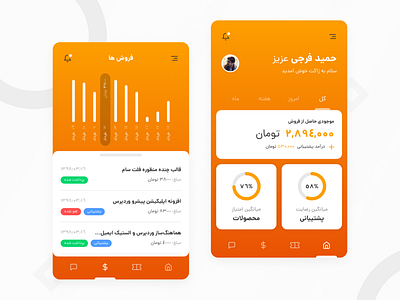 Zhaket Mobile App analytics bottom navigation chart clean clean ui homepage mobile mobile app design mobile ui orange progress bar progressbar report tab tabs ticket ui