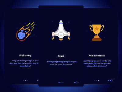 Onboarding screens for Polygon Crasher achievement comet cup design game meteorite mobile onboarding screen ship space